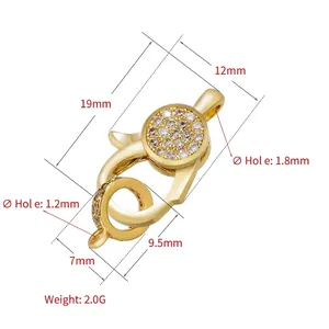 18K gold plated copper lobster clasp with micro-paved zircon stones and 19mm size guide