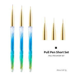 Three-piece nail art liner brush set with gradient blue-green ice crystal handles