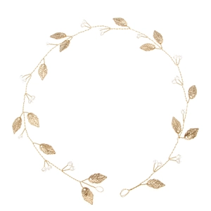 Golden bridal hair vine with leaf design and clear crystal beads for wedding hairstyles