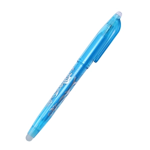 Blue erasable gel pen with 0.5mm tip and transparent body featuring silver patterns