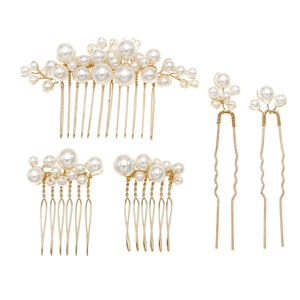 Bridal pearl hair accessories set with 3 combs and 2 hairpins in gold finish