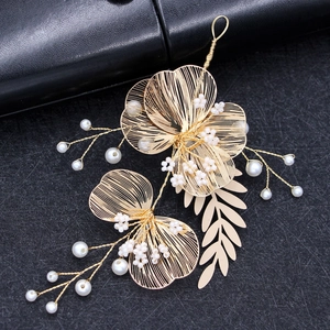 Exquisite bridal hair piece with gold flower wire weaving and white faux pearls