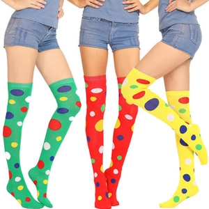 Detail showing polka dot over-knee knitted socks in vibrant green, red, and yellow colors