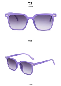 Front and side views of purple square frame sunglasses for children with violet finish