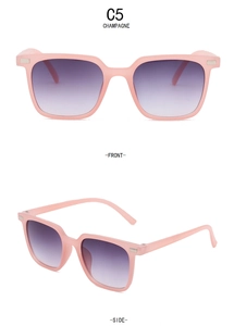 Champagne children's sunglasses with gradient purple lenses, front and side views