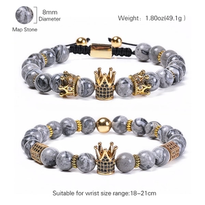 Map stone beaded bracelets with golden crown charms and adjustable cords for couples