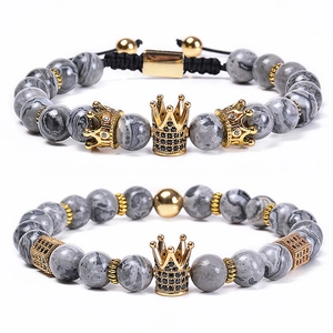 Natural Map Stone Beaded Bracelet With Copper Crown Micro Inlaid Zircon Adjustable Jewelry For Couples Fashion