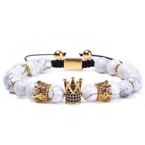 White turquoise crown bracelet with 8mm marble beads and gold micro-pave charms