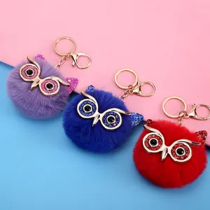 Owl Pom Pom Keychain Faux Fur Animal Bag Pendant Glitter Rhinestone Cute Cartoon Key Ring For Women
