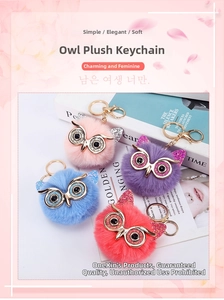 Detailed view of four colorful faux fur owl keychains with sparkling sequins and rhinestones