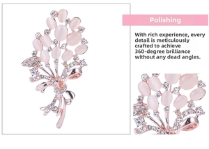 Detailed view of rose gold floral brooch with pink opals and shimmering crystals