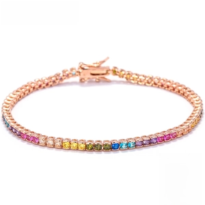 Detail of rose gold rainbow tennis bracelet with colorful zircon stones and secure clasp