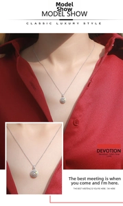 Close-up of S925 silver round halo moissanite pendant necklace worn by a model