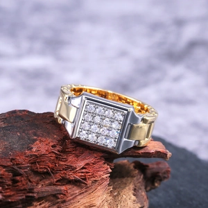 Men's hip hop watch band ring in two-tone gold and silver with iced out cubic zirconia
