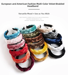 Detailed top view of various colorful braided velvet headbands stacked on white background