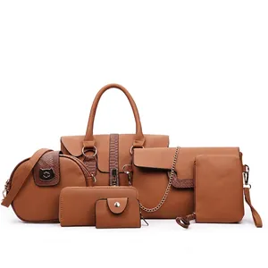 6-teiliges Set aus braunem Kunstleder-Handtaschen mit Lychee-Muster für Damen