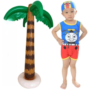 Inflatable palm tree beach prop and toddler swimsuit with cartoon train character