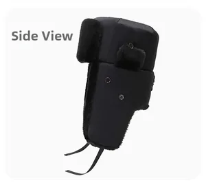 Side view of winter ushanka hat with thick black faux fur lining and windproof fabric