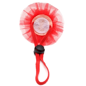 Detail of red mesh pet party crown with adjustable elastic strap and plastic toggle