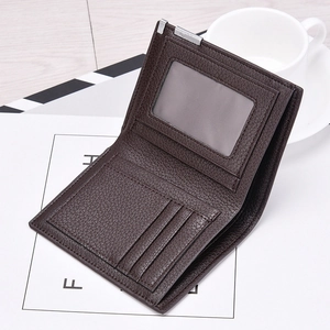 Slim dark brown leather wallet for men featuring multiple card slots and an ID window