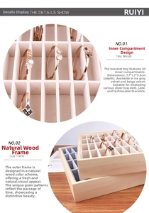 Detail view of wooden bracelet display tray with 40 gray velvet slots and dimensions