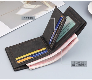 Detail view of foldable men wallet showing 7 card slots and 2 large banknote compartments