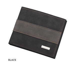 Detail of black leather bifold wallet with orange stitching and metal logo