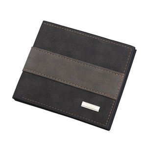Classic men's bi-fold wallet in black and grey faux leather with orange stitching detail
