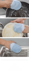 Reusable TPE scrub gloves showing versatile kitchen cleaning and sink washing scenes