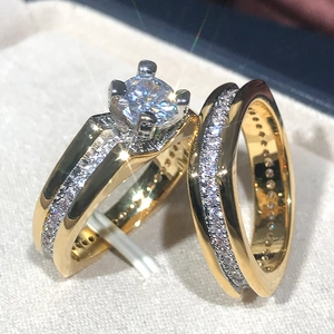 Luxury gold plated bridal ring set with sparkling AAA zirconia and classic four-prong setting