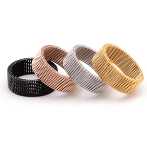 Men's flexible stainless steel mesh rings set in black, gold, silver and rose gold finishes