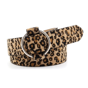 Women's leopard print wide belt with silver circular buckle on a white background