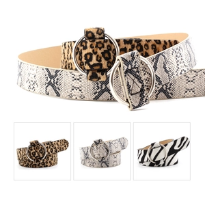 Women's minimalist round buckle belts featuring leopard, snake, and zebra animal prints