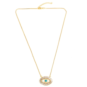 Golden Evil Eye choker necklace with blue center stone and rectangular zircon accents