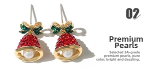 Detail of Christmas bell earrings with red rhinestones and 3A grade premium pearls