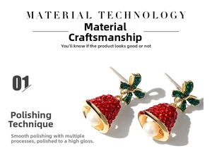 Detail showing gold bell earrings with red and green rhinestones and a white pearl drop