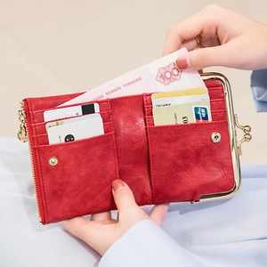 Vintage red foldable short wallet for women with multi-card slots and secure clip closure