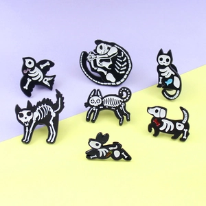 Set of 7 creative animal skeletal enamel pins featuring cat dog and rabbit motifs