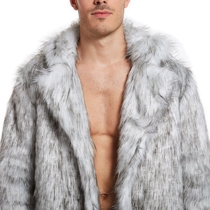 Men's faux fur long coat in grey-white animal texture with fluffy synthetic fibers