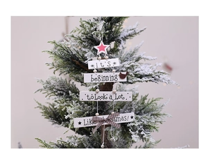 Close-up of white wooden Christmas sign hanging on tree with red star and bell detail