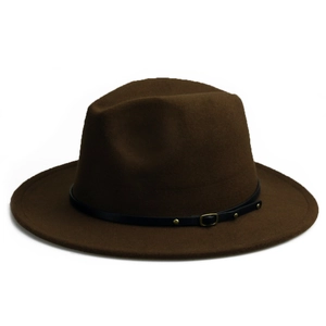 Detail view of brown wool fedora hat featuring black leather band and gold buckle