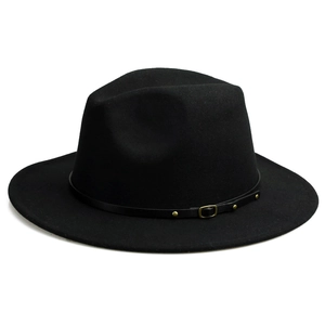 Detail of wool fedora hat with black leather strap and gold square buckle trim