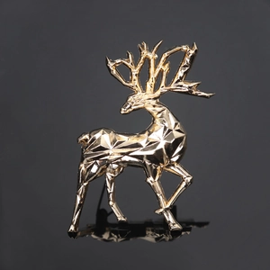 3D golden geometric deer brooch with metallic texture and modern minimalist style