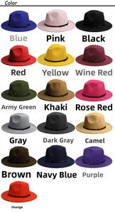 Grid display of wool fedora hats in 16 colors with decorative leather belts and buckles