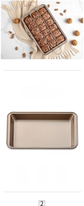 Detail view of champagne gold non-stick brownie pan with divider and safety specs