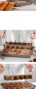 Detail of non-stick brownie pan set with a removable 18-slot metal divider for baking