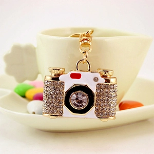 Sparkling crystal camera keychain with rhinestones and gold metal clip on coffee cup