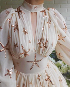 Close-up of golden sequin starfish embroidery on cream chiffon evening dress detail
