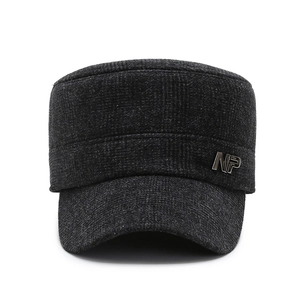Men's winter flat top thermal army hat in dark grey wool with NP metal logo