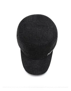 Detailed close-up of the dark grey checked fabric and silver metal NP logo on the men cap
